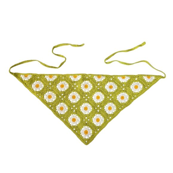 Crochet Kerchief Triangle Headband Bandana Lot of 2 Green Floral Smiles Boho Sum - Picture 3 of 7
